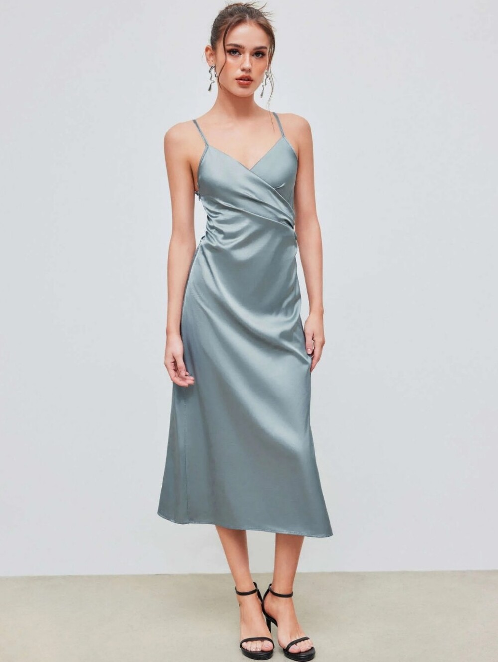 Cider Satin Slip Midi Dress in Slate Blue